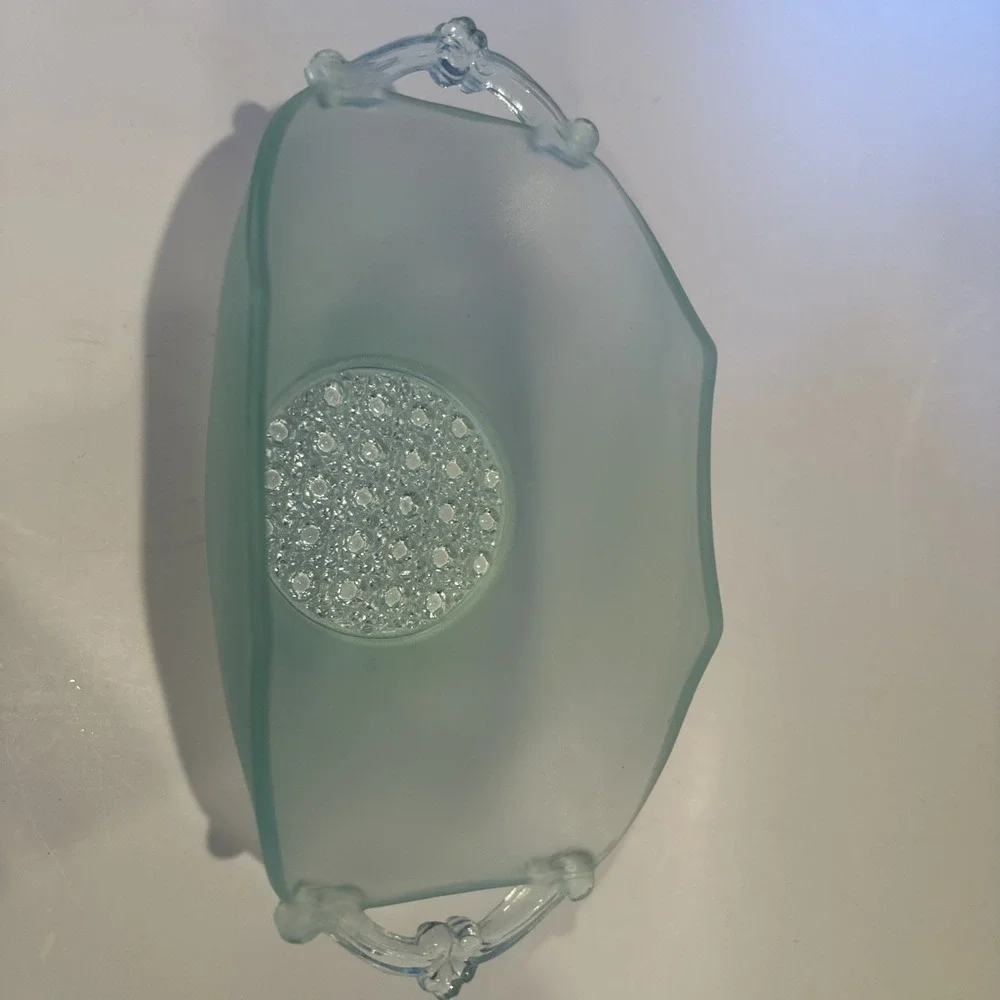 Vintage Depression Glass Green Satin Lancaster Octagon 924 Handled Nappy Bowl